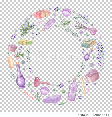 Watercolor Candle, bowl with salt, lavender, herbs, bottle, soap bars, bath bomb wreath isolated background. Spa objects floral illustration for greetings. Round frame with empty space for text Watercolor Candle, bowl with salt, lavender, herbs, bottle, soap bars, bath bomb wreath isolated background. Spa objects floral illustration for greetings. Round frame with empty space for text 120848613