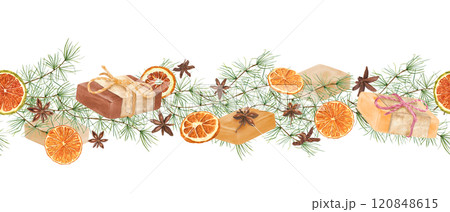 Natural handmade soap bars among dried spice, citrus slice, pine tree branches watercolor seamless banner isolated background. Aromatherapy, botanical essences. For promoting spa and beauty product 120848615