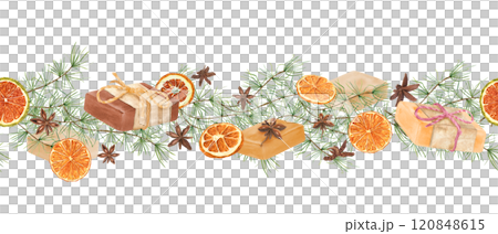 Natural handmade soap bars among dried spice, citrus slice, pine tree branches watercolor seamless banner isolated background. Aromatherapy, botanical essences. For promoting spa and beauty product 120848615