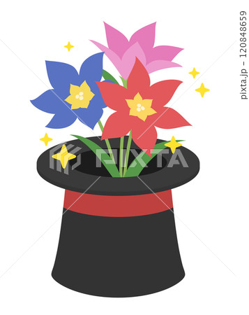 手品でシルクハットから飛び出す花のイラスト 手品でシルクハットから飛び出す花のイラスト 120848659