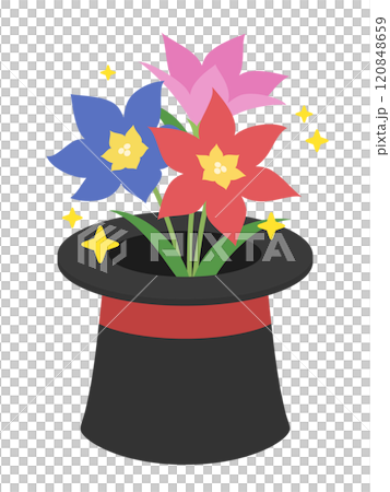 Illustration of flowers popping out of a top hat by magic Illustration of flowers popping out of a top hat by magic 120848659