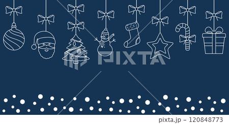 Christmas ornaments hanging rope on blue background 120848773
