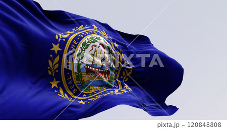 New Hampshire state flag waving in the wind on a clear day 120848808