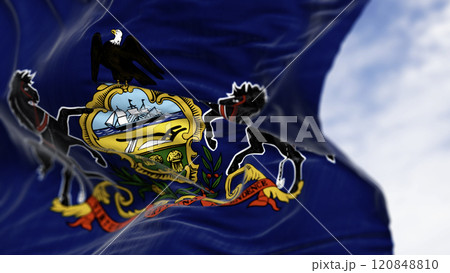 Close-up of Pennsylvania state flag waving 120848810