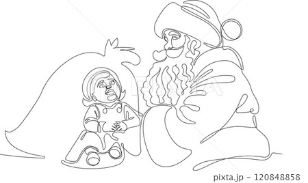 One continuous line drawing Santa Claus on reindeer and sled. concept for Christmas and New Year. vector illustration. Vector illustration 120848858