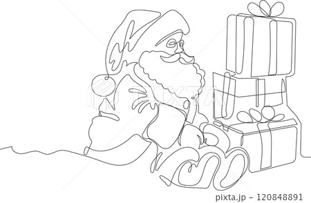 One continuous line drawing Santa Claus on reindeer and sled. concept for Christmas and New Year. vector illustration. Vector illustration 120848891