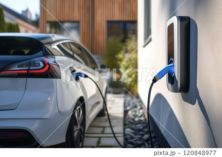 Charging White Electric Vehicle at Home 120848977
