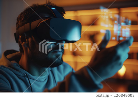 Man in VR headset explores spatial augmented...のイラスト素材 [120849005] - PIXTA