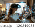Woman Engaging with Augmented Reality in Living Room 120849083