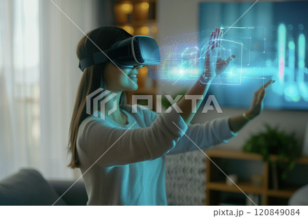 Woman Interacting with Augmented Reality Hologram Woman Interacting with Augmented Reality Hologram 120849084
