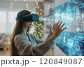 Woman Using VR Headset with Holographic Interface 120849087