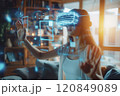 Woman Engaging with Virtual Reality Interface 120849089