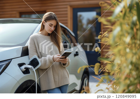 Young Woman Using Smartphone by Electric Car Young Woman Using Smartphone by Electric Car 120849095