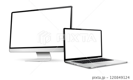 Realistic computer screen with laptop mockup. Computer display and laptop with blank screen. Realistic computer screen with laptop mockup. Computer display and laptop with blank screen. 120849124