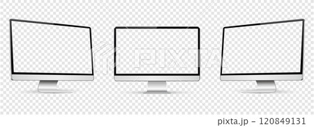 Realistic computer screen mockup. Computer display on three sides with empty screen isolated on transparent background Realistic computer screen mockup. Computer display on three sides with empty screen isolated on transparent background 120849131