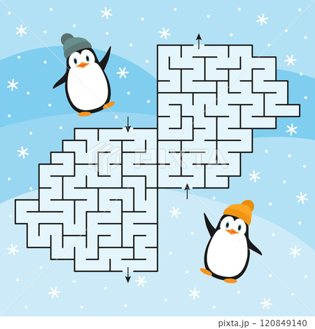 Two adorable penguins are standing closely together in an elaborate maze Two adorable penguins are standing closely together in an elaborate maze 120849140