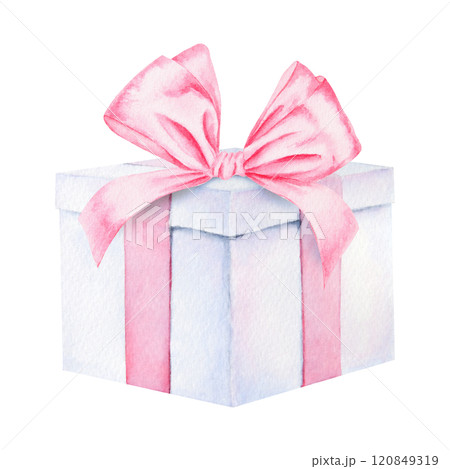 Watercolor illustration of a pastel gift box with pink ribbon and bow. Perfect for holiday designs, Christmas, weddings, birthday, celebrations, packaging, greeting cards, romantic themes, event decor 120849319