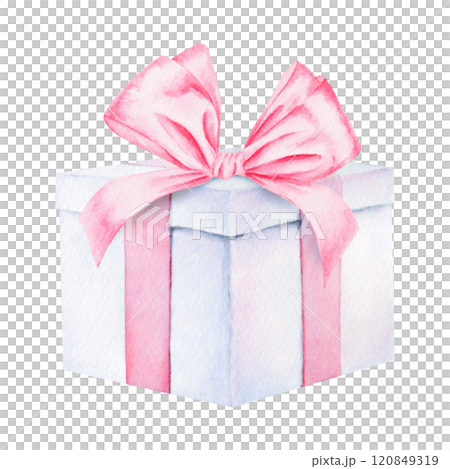 Watercolor illustration of a pastel gift box with pink ribbon and bow. Perfect for holiday designs, Christmas, weddings, birthday, celebrations, packaging, greeting cards, romantic themes, event decor 120849319