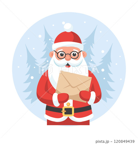 Cute Santa Claus with a letter in his hands on the background of a winter landscape. Christmas illustration in a flat style. Cute Santa Claus with a letter in his hands on the background of a winter landscape. Christmas illustration in a flat style. 120849439