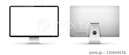 Realistic computer screen mockup. Computer display front and back view. 120849538