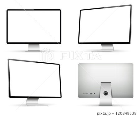 Realistic computer screen mockup. Computer display on four sides with blank screen. 120849539