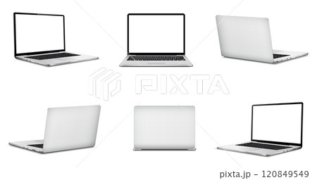 Laptop computer mockup with white screen, front and rear view Laptop computer mockup with white screen, front and rear view 120849549