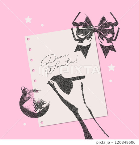 Female hand writing letter to Dear Santa Claus. Stippling Christmas style. Minimal composition with bow and xmas tree ball. Vector illustration 120849606