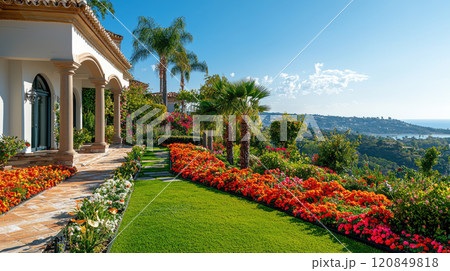 Mediterranean villa with lush garden overlooking ocean on a sunny day Mediterranean villa with lush garden overlooking ocean on a sunny day 120849818