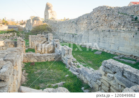 Ancient columns, ruins of Chersonese Tauride, Sevastopol, Crimea, Russia. Ancient columns, ruins of Chersonese Tauride, Sevastopol, Crimea, Russia. 120849862