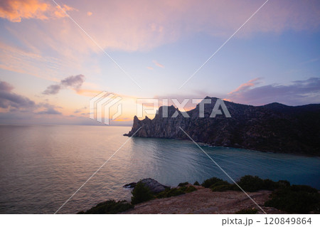 The beauty of nature seascape at sunset. Crimea. New World, Black Sea The beauty of nature seascape at sunset. Crimea. New World, Black Sea 120849864