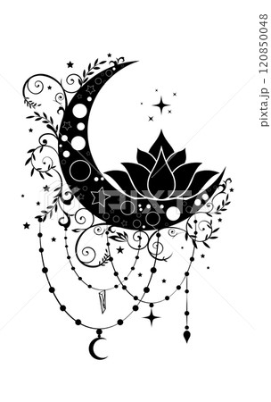 Mystical Crescent Moon and Sacred Lotus flower in boho style logo design. Floral magic celestial clipart of yoga, spa, beauty salon, cosmetics, relax, brand name, tattoo. Isolated on white background Mystical Crescent Moon and Sacred Lotus flower in boho style logo design. Floral magic celestial clipart of yoga, spa, beauty salon, cosmetics, relax, brand name, tattoo. Isolated on white background 120850048