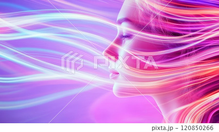 Woman with curly hair in bright neon lighting exudes emotion and energy, showcasing a vibrant, contemporary style. Woman with curly hair in bright neon lighting exudes emotion and energy, showcasing a vibrant, contemporary style. 120850266