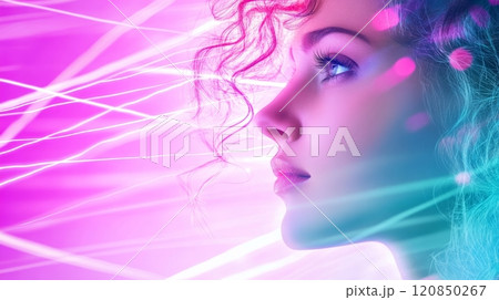 A woman with curly hair against neon lines radiates vibrance and deep emotion. A woman with curly hair against neon lines radiates vibrance and deep emotion. 120850267