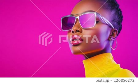 A woman showcases modern makeup and stylish clothing against a bright neon purple backdrop, exuding creative energy. 120850272