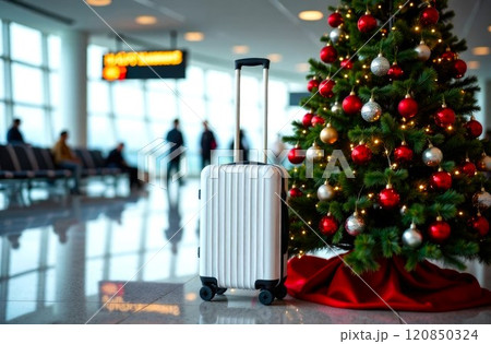 Christmas tree and white Suitcase, inside the Airport. A festive atmosphere. Decorated Christmas tree in airport. Waiting to going on Christmas holiday, Winter Travel. Empty Copy space 120850324
