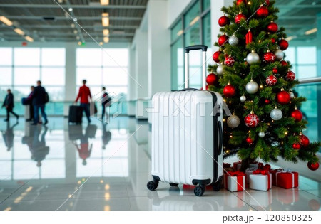 Christmas tree and white Suitcase, inside the Airport. A festive atmosphere. Decorated Christmas tree in airport. Waiting to going on Christmas holiday, Winter Travel. Empty Copy space 120850325