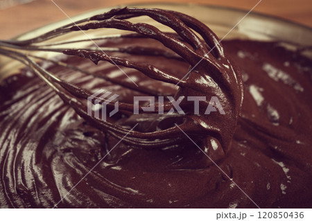 a bowl of chocolate dough, a whisk for whipping, baking, structure and consistency, homemade, top view, no people, 120850436