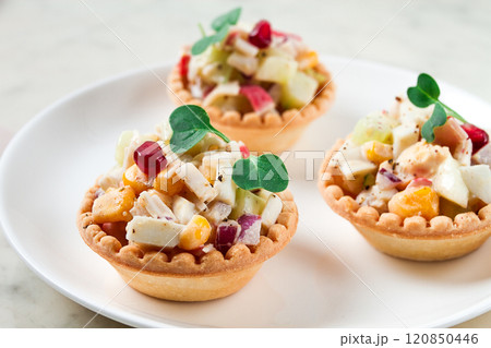 canapes with salad, corn with crab sticks, appetizer, portioned, close-up, no people, canapes with salad, corn with crab sticks, appetizer, portioned, close-up, no people, 120850446