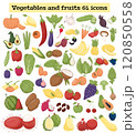 A set of 61 colorful icons of fruits and vegetables. Vector illustration 120850558