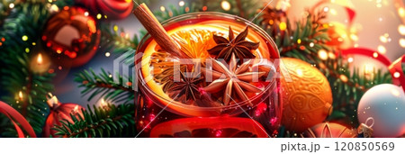 A festive Christmas stall scene with steaming mulled wine, cinnamon, star anise, and orange slices, set on a rustic wooden tray, surrounded by pine cones holly and soft fairy lights, banner 120850569
