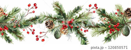 A festive digital painting of a Christmas garland with lush evergreen branches, red berries, and pine cones, perfect for adding traditional holiday elegance to any setting, banner 120850571