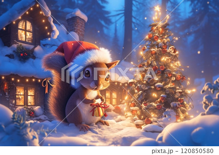 A cute little squirrel in a Santa Claus hat stands in a snowy Christmas scene, with an adorable cottage illuminated by glowing Christmas lights in the background 120850580