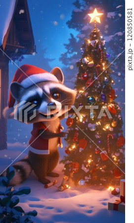 A funny young raccoon wearing a Santa hat adds charm to a snowy winter scene, featuring a cozy cottage illuminated with Christmas lights and a festive tree 120850581