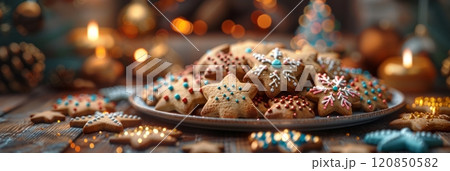 On a table filled with holiday ornaments, a festive plate of colorful star-shaped Christmas cookies stands out, with a cozy fireplace providing a warm background atmosphere, banner 120850582