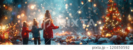 A joyful group of friends, holding sparklers, pose in front of a festively decorated Christmas tree with glowing lights, creating a cheerful holiday scene, banner 120850592