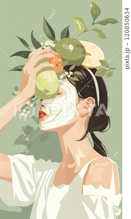 In a self-care moment, a woman enjoys applying a vibrant homemade face mask crafted from fresh fruits and vegetables, promoting healthy and rejuvenated skin 120850634