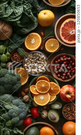 Fresh, vitamin-rich foods fill the scene, showcasing fruits, vegetables, and whole grains that contribute to a healthy, nutritious lifestyle 120850653