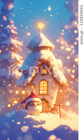 A funny owlet wearing a Santa hat sits in a...のイラスト素材 [120850681] - PIXTA