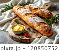 Composition Fresh baguette lies on a cutting board decorated with basil. High quality photo 120850752