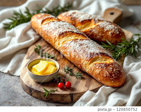 Composition Fresh baguette lies on a cutting board decorated with basil. High quality photo 120850752